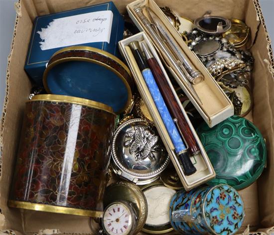 A Victorian paste belt and costume jewellery etc. including pocket watches and enamelled boxes.